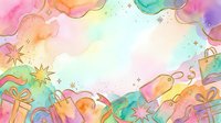 Colorful watercolor background with gift boxes, ribbons, stars and sparkles in pastel pink, yellow, green and purple tones, ideal for celebrations and festive designs.