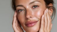Young woman with glowing natural skin touching face gently. Close up portrait showing radiant complexion, minimal makeup and dewy finish for beauty and skincare concept.