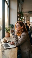 Professional businesswoman with glasses working on laptop in modern cafe, contemplating while enjoying coffee break during productive workday.
