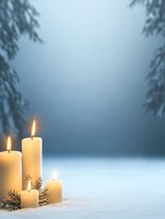 Glowing white candles with evergreen branches in snow against blue winter background, creating peaceful holiday atmosphere and space for text.