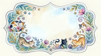 Watercolor cats and floral frame with copy space, pastel tones, paw prints, and playful kittens border for greeting cards and invitations.