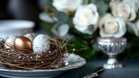 Elegant Easter composition with golden and marble eggs in natural twig nest, white roses and silver vintage decor on dark background. Festive spring setup.