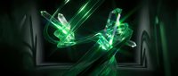Green energy streams flowing from laptop screen creating dynamic light trails and glowing effects for technology and digital innovation concepts.