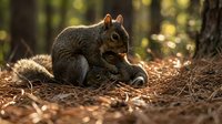 Gray squirrel sitting on forest floor covered with fallen leaves and pine needles in warm sunlight filtering through trees during autumn season.