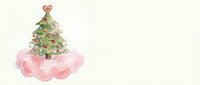 Watercolor evergreen tree with heart topper sitting on soft pink cloud, isolated on white background for holiday greeting cards and festive designs.