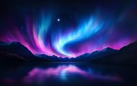 Vibrant aurora borealis dancing over mountain lake at night, colorful northern lights reflecting in calm water surface with pink and blue colors in dark sky.