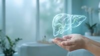 Hand holding glowing holographic liver organ model in modern medical office for healthcare technology and hepatology education concepts.