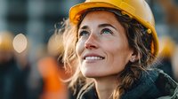 Young female construction worker in yellow hard hat smiling confidently at building site during golden hour with warm lighting and blurred background.
