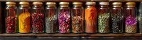 Colorful dried herbs, spices and flower petals in glass jars arranged on wooden shelf, panoramic view of rustic kitchen storage and seasoning collection.