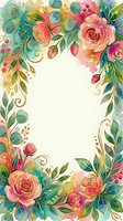 Watercolor floral frame with pink roses, gold accents, and lush green leaves surrounding a blank center for text or design.