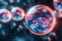Microscopic view of glowing cell division process with pink and blue fluorescent colors against dark background showing biological development and growth.