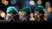 Three adorable owls wearing green knitted winter hats sitting in row against bokeh lights background. Cute birds in cozy headwear for holiday greeting cards.