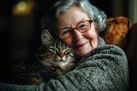 Senior Caucasian woman with glasses wearing gray knit sweater smiling warmly while cuddling with striped tabby cat in cozy home setting, natural window lighting.