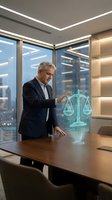 Senior Caucasian businessman interacting with holographic justice scales in modern office conference room representing legal technology and digital law solutions.