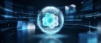 Futuristic digital sphere with glowing atomic structure surrounded by holographic data streams and interface elements in blue cyberpunk environment.