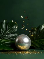 Shimmering silver sphere with falling gold confetti against deep green background, framed by tropical palm leaves for luxury product display.