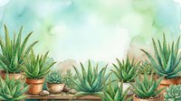 Watercolor aloe vera plants in terracotta pots arranged on wooden surface with soft green background for botanical home decor and gardening themes.