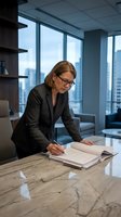 Middle-aged Caucasian female professional in business attire signing documents at marble desk in modern high-rise office with city skyline views.