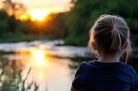 Young woman with blonde ponytail gazing at golden sunset reflection over tranquil lake water, wearing navy blue shirt, back view creating peaceful contemplative mood.