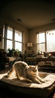 Fluffy orange tabby cat relaxing on woven rug in cozy sunlit living room with books and plants creating warm domestic atmosphere for home decor concepts.