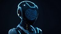 Futuristic robot with glowing blue digital interface and sleek black armor design against dark background, showcasing advanced artificial intelligence technology.