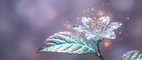 Magical crystal flower with glowing particles and iridescent leaves on dreamy purple background for fantasy design projects and digital art.