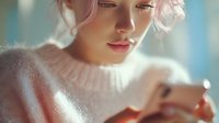 Young woman with pink hair in cozy white sweater looking at smartphone with soft natural lighting, creating intimate atmosphere for social media content.