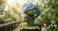 Colorful brain made of flowers and plants in greenhouse setting for World Mental Health Day awareness and wellbeing concept.
