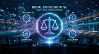 Digital justice initiative concept with glowing scales of justice symbol surrounded by cyber law and transformation icons on futuristic network background.