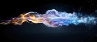 Mystical collision of fire and ice elements creating ethereal smoke waves against dark background, glowing with orange and blue colors in cosmic space.