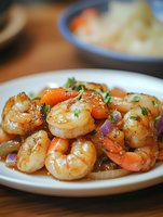 Succulent sauteed shrimp with cherry tomatoes, red onions and fresh herbs in savory sauce served on white plate, close up view of gourmet seafood dish.