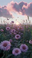 Pink daisies in meadow at sunset with dramatic pink clouds, sun peeking through flowers creating dreamy atmosphere and magical golden hour lighting effect.