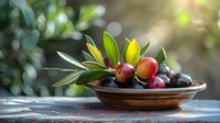 Fresh organic cranberries and blueberries in rustic wooden bowl with green leaves on natural bokeh background, healthy seasonal harvest.