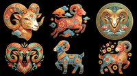 Ornate ram and goat zodiac symbols with decorative patterns, isolated on transparent background. Ready for t-shirt design, clipart, stickers, sublimation, print-on-demand products and digital crafts.