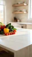 Fresh organic vegetables including bell peppers, tomatoes and leafy greens arranged on white marble kitchen counter in modern bright culinary space for healthy cooking.