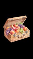 Wooden trunk filled with fresh peaches and grapes, isolated on transparent background. Ready for clipart, t-shirt design, stickers, print-on-demand products, and sublimation projects.