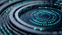 Futuristic spiral pattern with glowing cyan digital elements and metallic rings creates dynamic technological composition for backgrounds and tech concepts.