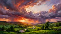 Dramatic sunset over rolling green hills with stormy clouds, golden light breaking through dark sky, river winding through valley landscape.