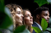Side profile view of diverse young professionals through green leaves, showing unity and teamwork in natural environment. Soft natural lighting creates peaceful mood.