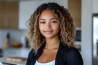 Young mixed-race businesswoman with curly blonde hair smiling confidently in modern office kitchen space for corporate lifestyle and professional success.