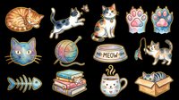 Cute cat and kitten clipart collection with isolated design elements on transparent background, ready for t-shirts, stickers, sublimation, print-on-demand products and crafts.