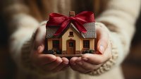 Hands holding miniature house with red ribbon bow as gift concept for real estate, home ownership, property investment, mortgage protection insurance.
