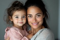 Tender portrait of mother and young daughter sharing intimate moment, both with bright smiles and natural makeup. Mother in white sweater, child in pink dress against soft background.