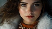 Young brunette woman with striking blue eyes wearing orange turtleneck sweater and white fur coat looking directly at camera with natural makeup and soft lighting.