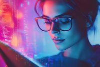 Young Asian woman in glasses illuminated by neon blue and pink light looking at digital screen with programming code reflection, cybersecurity concept.