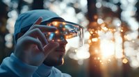 Young Asian man in blue hoodie holding glass prism catching sunlight creating magical bokeh effect through forest at golden hour, artistic photography concept.