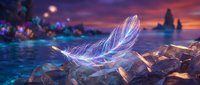 Glowing translucent feather floating above rocky shore at magical sunset with purple and pink sky colors creating mystical fantasy atmosphere for creative projects.