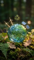 Miniature Earth globe with renewable energy symbols including wind turbines, solar panels and recycling icon surrounded by natural forest environment.