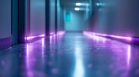 Modern futuristic corridor with neon purple and blue lighting effects creating atmospheric sci-fi ambiance for technology and innovation concepts.