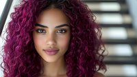 Young mixed race woman with vibrant magenta curly hair and natural makeup smiling confidently at camera. Modern beauty and fashion portrait with soft lighting.